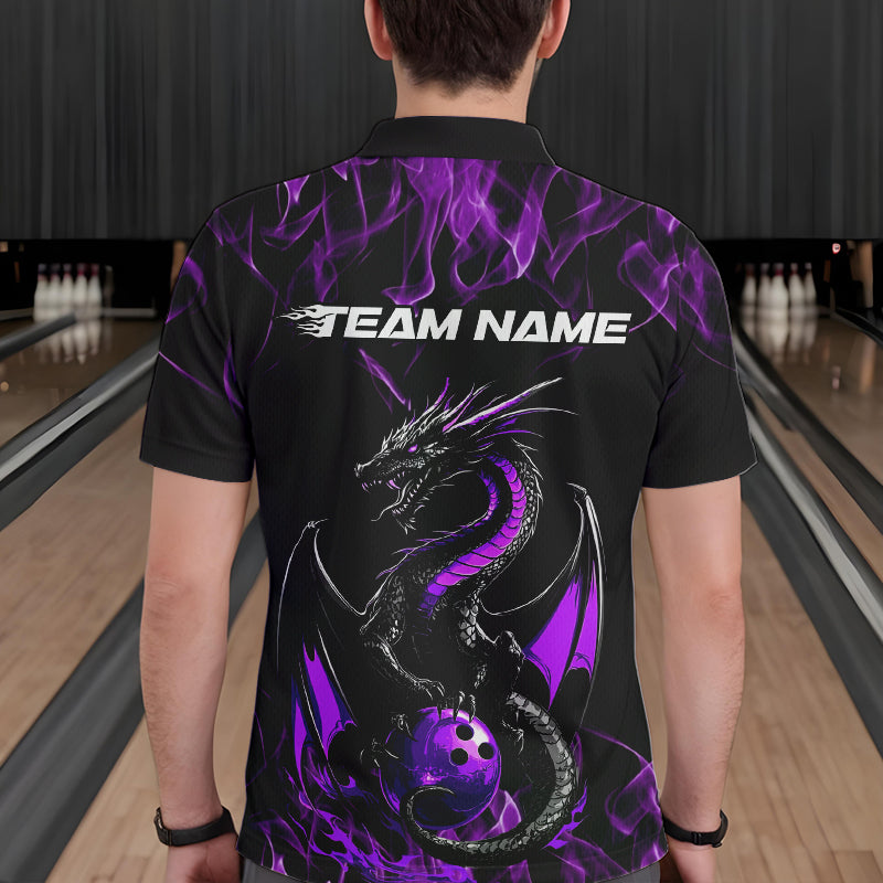 Custom Black And Purple Flame Dragon Bowling Team Polo Shirts For Men, Bowling League Shirt IPHW8654