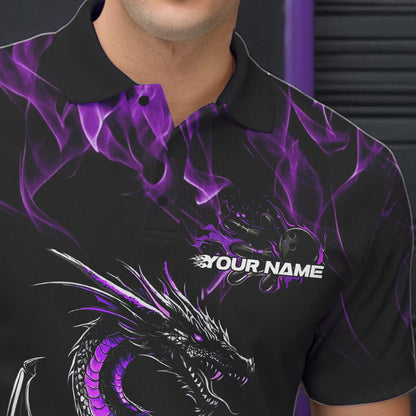 Custom Black And Purple Flame Dragon Bowling Team Polo Shirts For Men, Bowling League Shirt IPHW8654