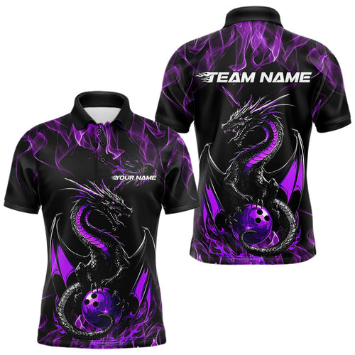 Custom Black And Purple Flame Dragon Bowling Team Polo Shirts For Men, Bowling League Shirt IPHW8654