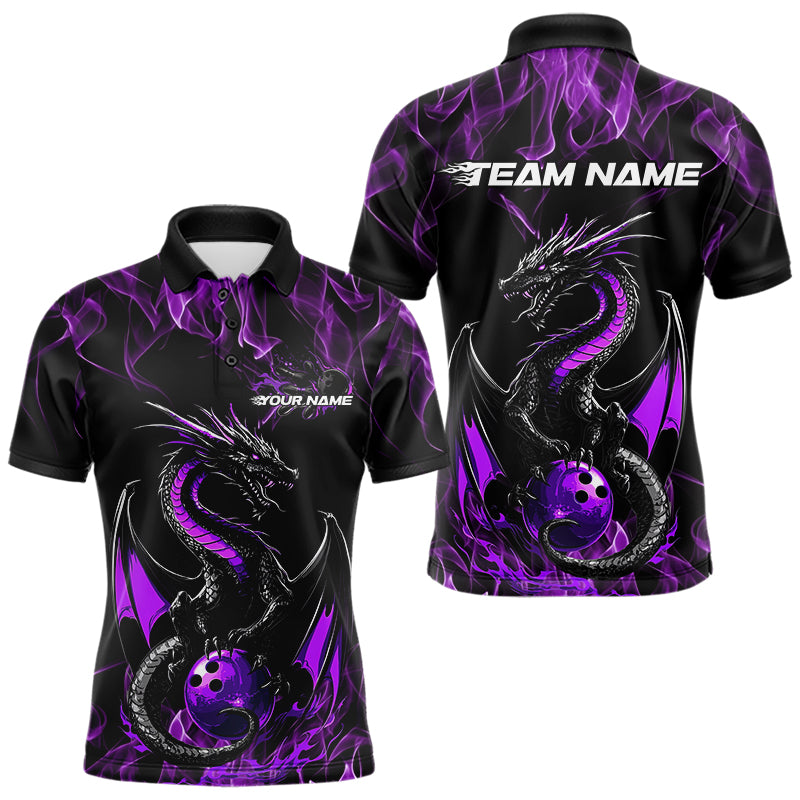 Custom Black And Purple Flame Dragon Bowling Team Polo Shirts For Men, Bowling League Shirt IPHW8654