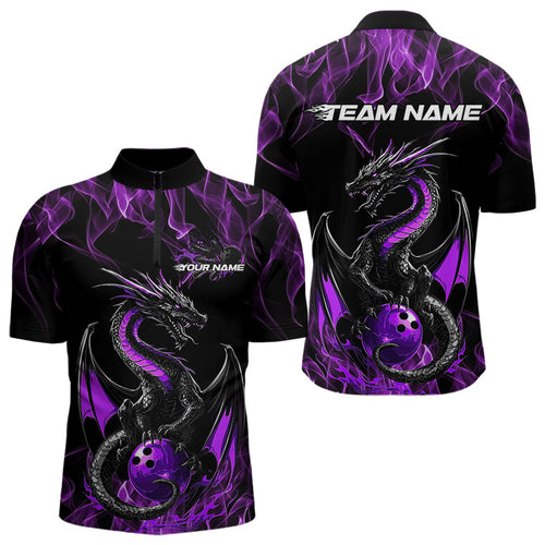 Custom Black And Purple Flame Dragon Bowling Team Quarter-Zip Shirts For Men, Bowling League Shirt IPHW8654