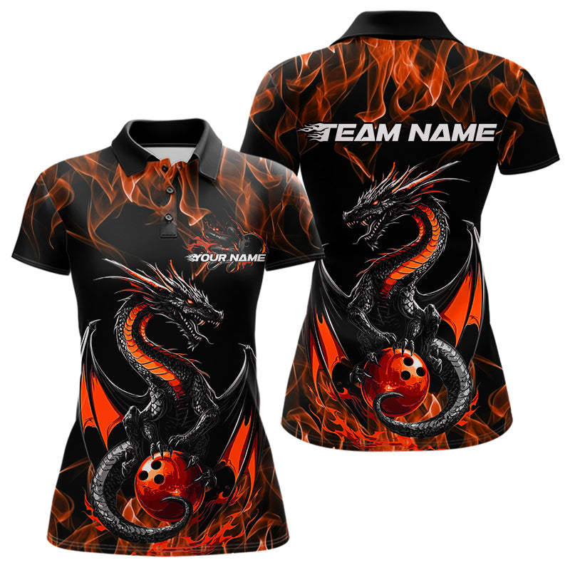 Custom Black And Orange Flame Dragon Bowling Team Womens Polo Shirts, Bowling League Shirt IPHW8655