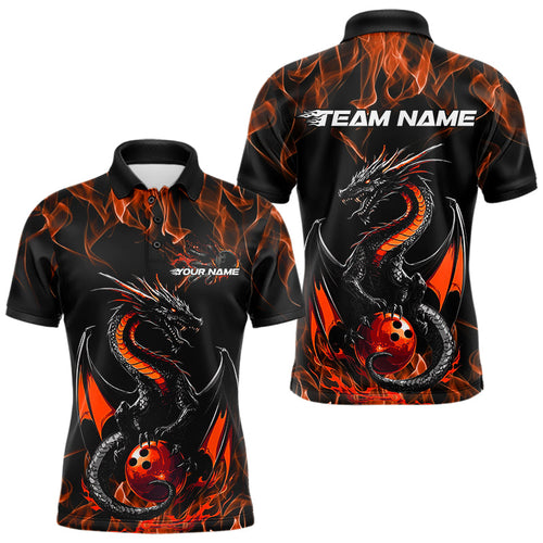 Custom Black And Orange Flame Dragon Bowling Team Polo Shirts For Men, Bowling League Shirt IPHW8655