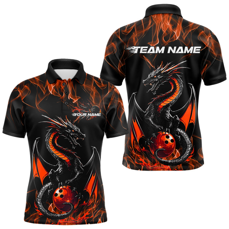 Custom Black And Orange Flame Dragon Bowling Team Polo Shirts For Men, Bowling League Shirt IPHW8655