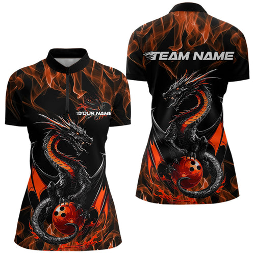 Custom Black And Orange Flame Dragon Bowling Womens Quarter-Zip Shirt, Bowling League Shirt IPHW8655