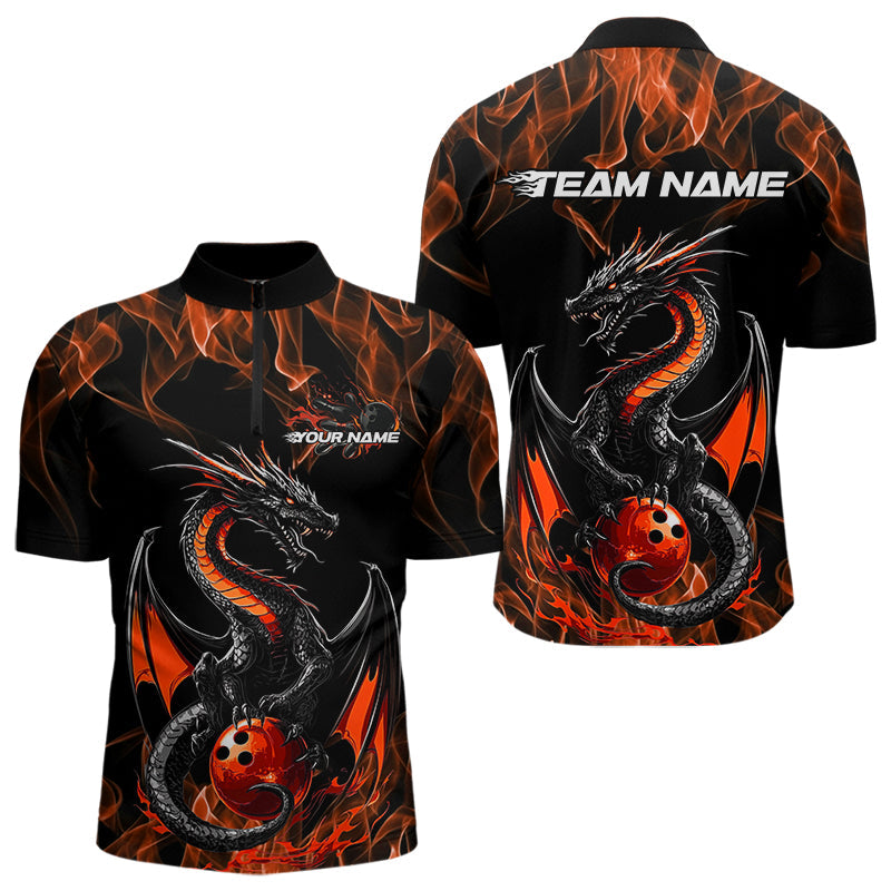 Custom Black And Orange Flame Dragon Bowling Team Quarter-Zip Shirts For Men, Bowling League Shirt IPHW8655