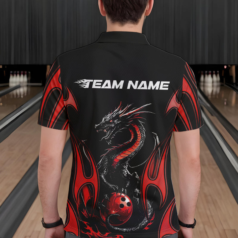 Custom Black And Red Flame Dragon Bowling Tournament Polo Shirts For Men, Bowlers Outfits IPHW8656
