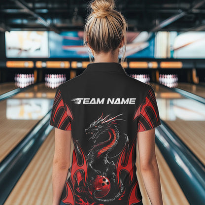 Custom Black And Red Flame Dragon Bowling Tournament Womens Polo Shirts, Bowlers Outfits IPHW8656