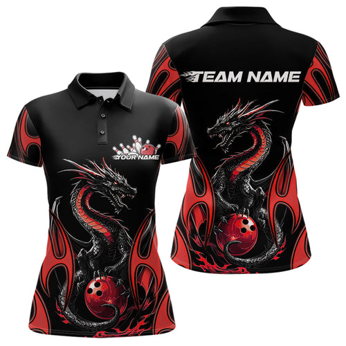 Custom Black And Red Flame Dragon Bowling Tournament Womens Polo Shirts, Bowlers Outfits IPHW8656