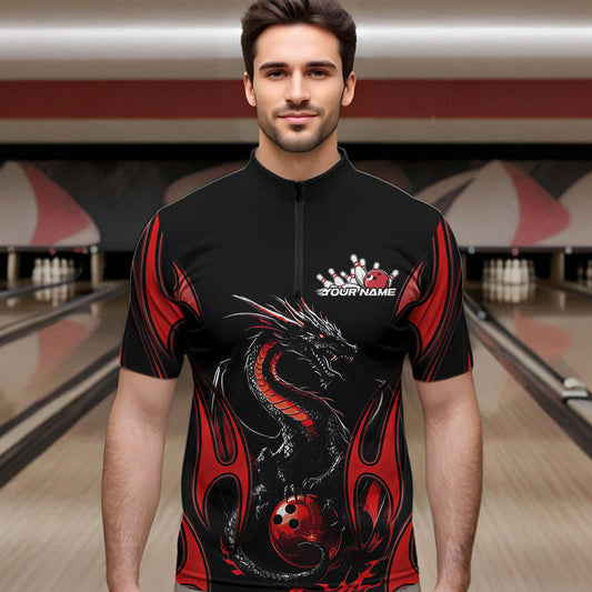 Custom Black And Red Flame Dragon Bowling Tournament Quarter-Zip Shirts For Men, Bowlers Outfits IPHW8656