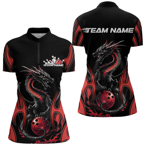 Custom Black And Red Flame Dragon Bowling Tournament Womens Quarter-Zip Shirts IPHW8656