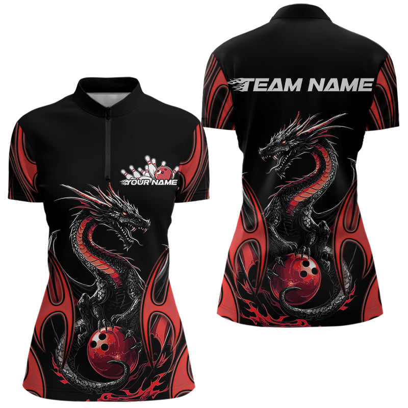 Custom Black And Red Flame Dragon Bowling Tournament Womens Quarter-Zip Shirts IPHW8656
