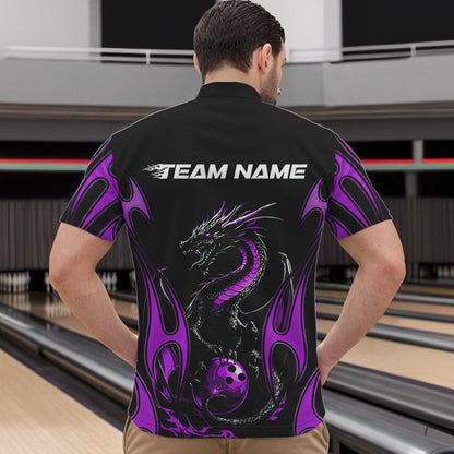 Custom Black And Purple Flame Dragon Bowling Tournament Quarter-Zip Shirts For Men, Bowlers Outfits IPHW8657