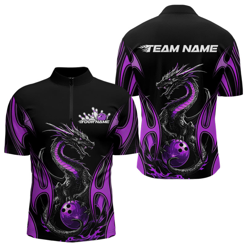 Custom Black And Purple Flame Dragon Bowling Tournament Quarter-Zip Shirts For Men, Bowlers Outfits IPHW8657