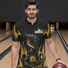 Load image into Gallery viewer, Custom Black And Gold Flame Dragon Bowling Tournament Polo Shirts For Men, Bowlers Outfits IPHW8658