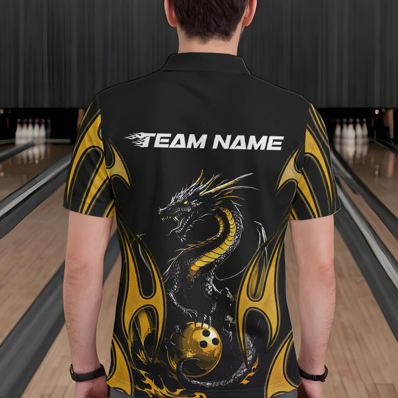Custom Black And Gold Flame Dragon Bowling Tournament Polo Shirts For Men, Bowlers Outfits IPHW8658