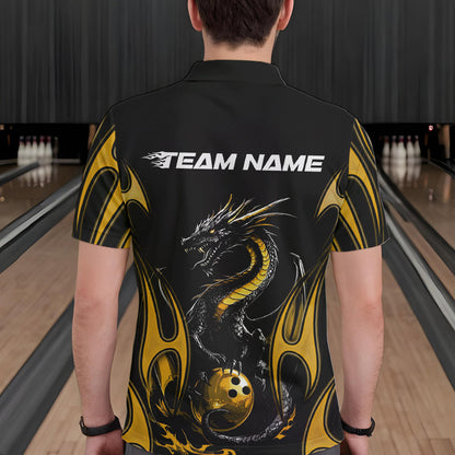 Custom Black And Gold Flame Dragon Bowling Tournament Polo Shirts For Men, Bowlers Outfits IPHW8658