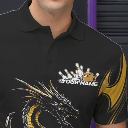 Custom Black And Gold Flame Dragon Bowling Tournament Polo Shirts For Men, Bowlers Outfits IPHW8658