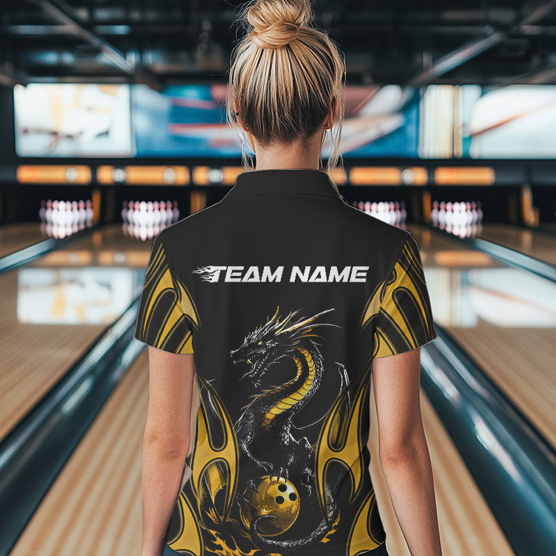 Custom Black And Gold Flame Dragon Bowling Tournament Womens Polo Shirts, Bowlers Outfits IPHW8658