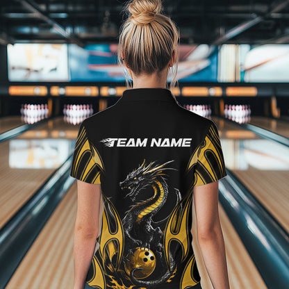 Custom Black And Gold Flame Dragon Bowling Tournament Womens Quarter-Zip Shirts IPHW8658