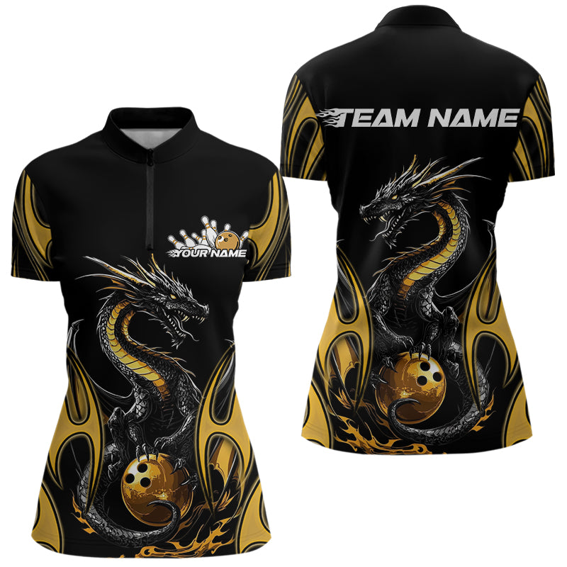 Custom Black And Gold Flame Dragon Bowling Tournament Womens Quarter-Zip Shirts IPHW8658