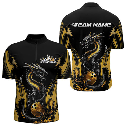 Custom Black And Gold Flame Dragon Bowling Tournament Quarter-Zip Shirts For Men, Bowlers Outfits IPHW8658