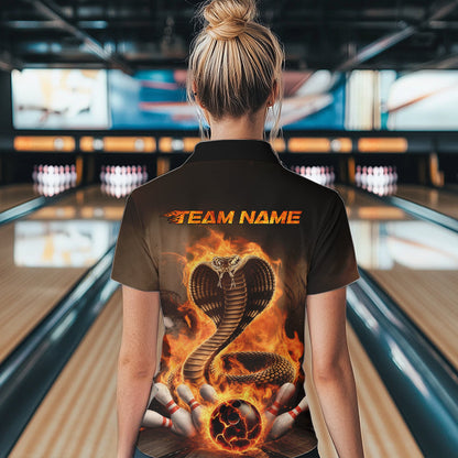 Custom Flame Cobra Snake Bowling Team Womens Quarter-Zip Shirts, Bowling Tournament Outfit IPHW8666