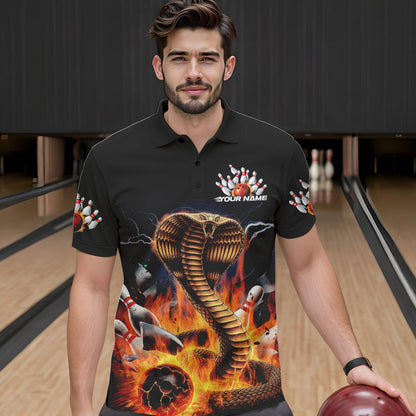 Custom Flame Cobra Snake Bowling Team Polo Shirts For Men, Bowling Tournament Outfit IPHW8667