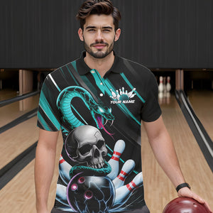 Custom Black And Blue Snake Skull Bowling Polo Shirts For Men, Bowling Team Shirt IPHW8669