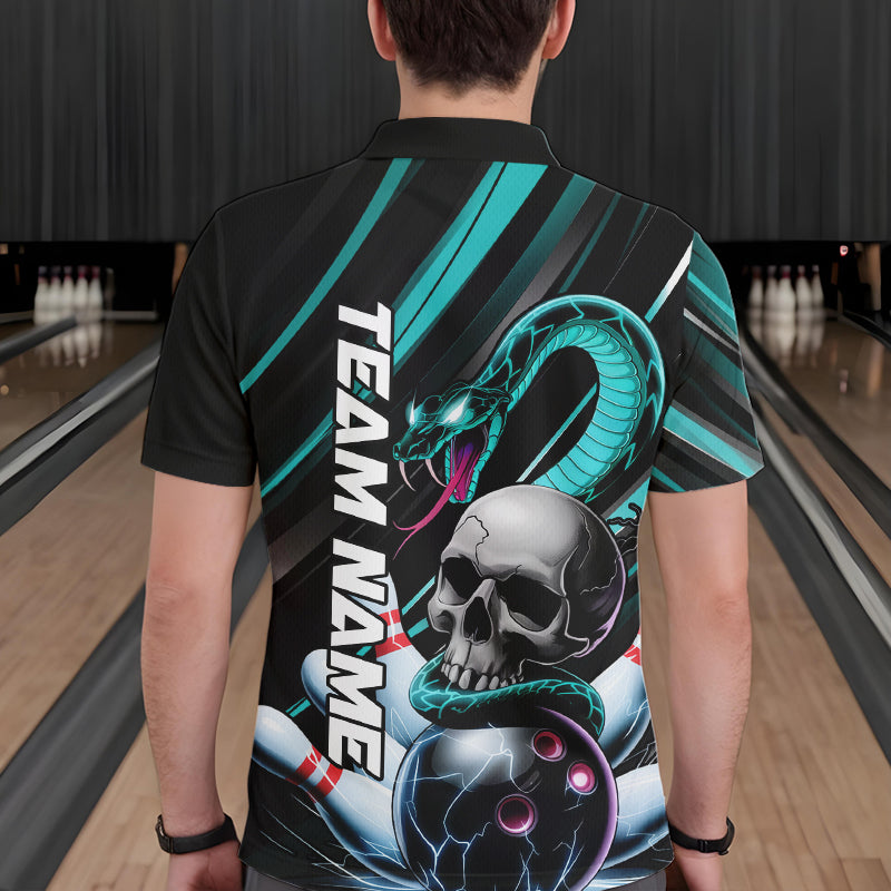 Custom Black And Blue Snake Skull Bowling Polo Shirts For Men, Bowling Team Shirt IPHW8669