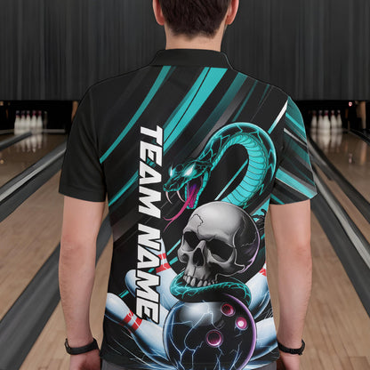 Custom Black And Blue Snake Skull Bowling Polo Shirts For Men, Bowling Team Shirt IPHW8669