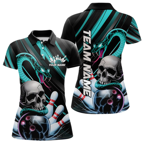 Custom Black And Blue Snake Skull Bowling Polo Shirts For Women, Bowling Team Shirt IPHW8669