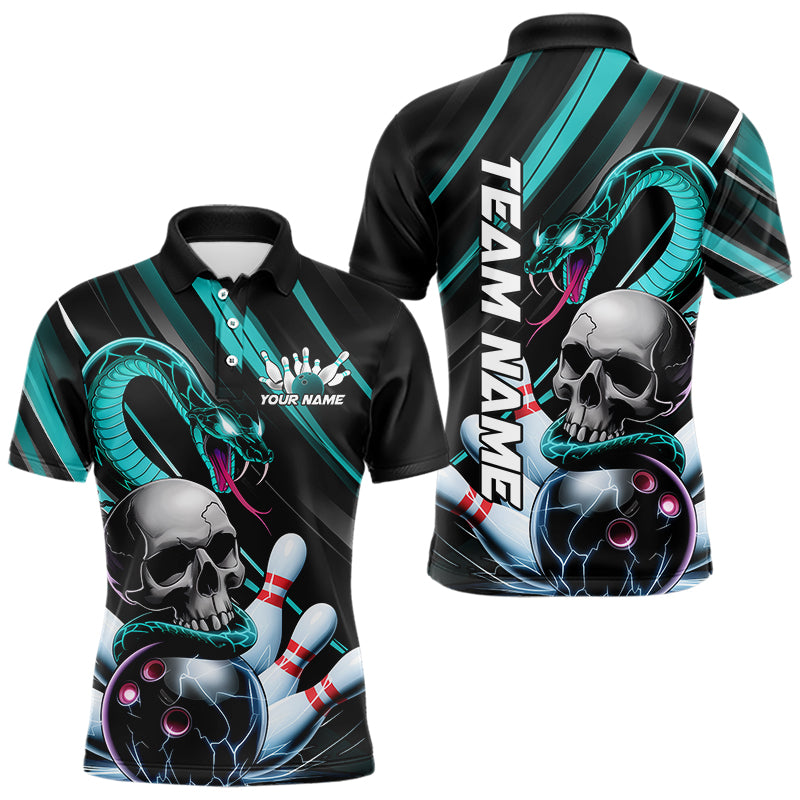 Custom Black And Blue Snake Skull Bowling Polo Shirts For Men, Bowling Team Shirt IPHW8669