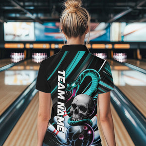 Custom Black And Blue Snake Skull Bowling Quarter-Zip Shirts For Women, Bowling Team Shirt IPHW8669