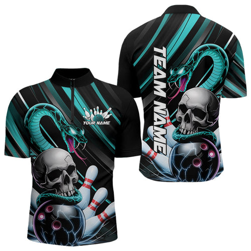 Custom Black And Blue Snake Skull Bowling Quarter-Zip Shirts For Men, Bowling Team Shirt IPHW8669