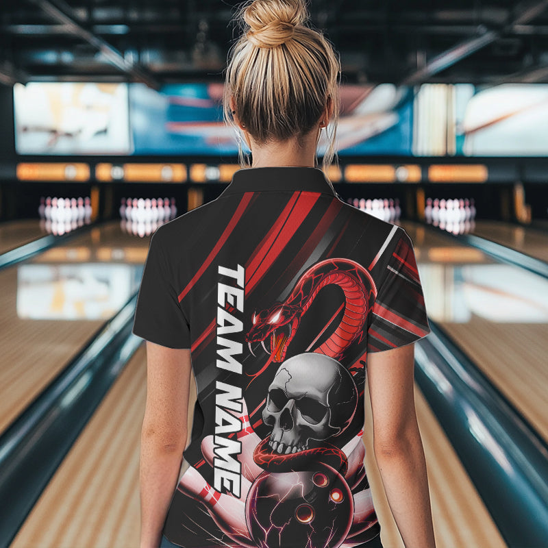Custom Black And Red Snake Skull Bowling Polo Shirts For Women, Bowling Team Shirt IPHW8670