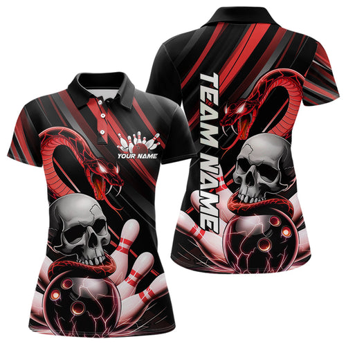 Custom Black And Red Snake Skull Bowling Polo Shirts For Women, Bowling Team Shirt IPHW8670