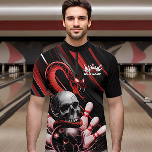 Custom Black And Red Snake Skull Bowling Quarter-Zip Shirts For Men, Bowling Team Shirt IPHW8670