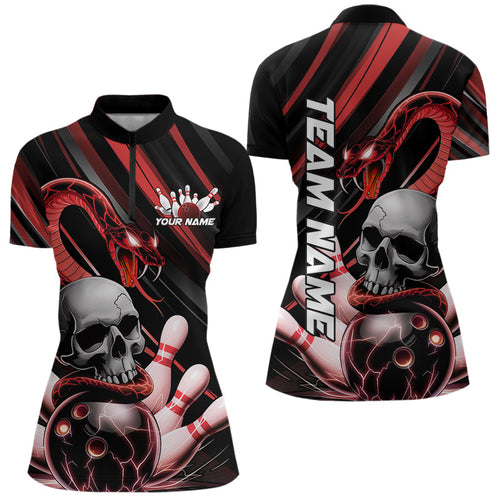 Custom Black And Red Snake Skull Bowling Quarter-Zip Shirts For Women, Bowling Team Shirt IPHW8670