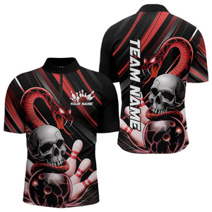 Custom Black And Red Snake Skull Bowling Quarter-Zip Shirts For Men, Bowling Team Shirt IPHW8670