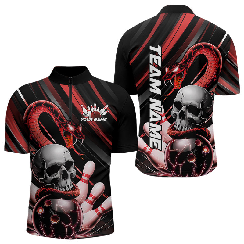 Custom Black And Red Snake Skull Bowling Quarter-Zip Shirts For Men, Bowling Team Shirt IPHW8670