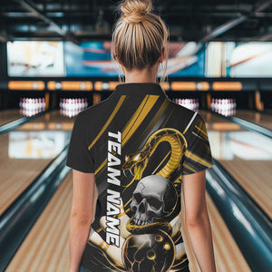 Custom Black And Yellow Snake Skull Bowling Polo Shirts For Women, Bowling Team Shirt IPHW8671