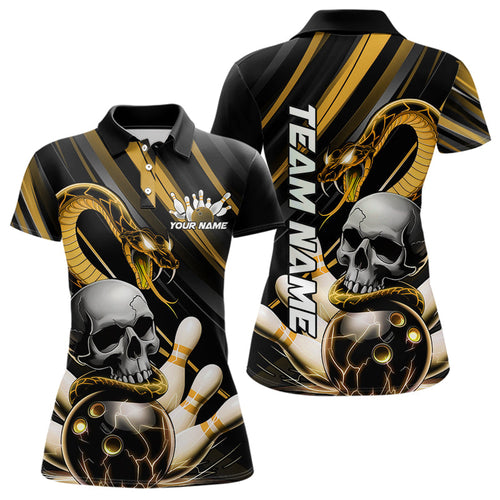 Custom Black And Yellow Snake Skull Bowling Polo Shirts For Women, Bowling Team Shirt IPHW8671