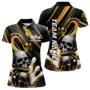 Custom Black And Yellow Snake Skull Bowling Polo Shirts For Women, Bowling Team Shirt IPHW8671