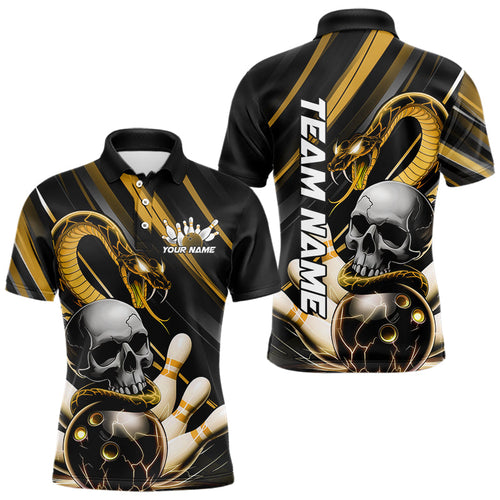 Custom Black And Yellow Snake Skull Bowling Polo Shirts For Men, Bowling Team Shirt IPHW8671