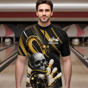 Custom Black And Yellow Snake Skull Bowling Quarter-Zip Shirts For Men, Bowling Team Shirt IPHW8671