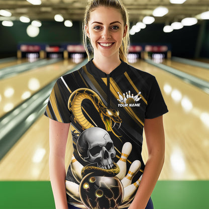 Custom Black And Yellow Snake Skull Bowling Quarter-Zip Shirt For Women, Bowling Team Shirt IPHW8671