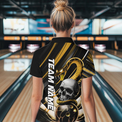 Custom Black And Yellow Snake Skull Bowling Quarter-Zip Shirt For Women, Bowling Team Shirt IPHW8671