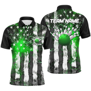 Green Thunder Lightning American Flag Custom Unisex Bowling Team Shirts, Patriotic Bowlers Outfit IPHW6491