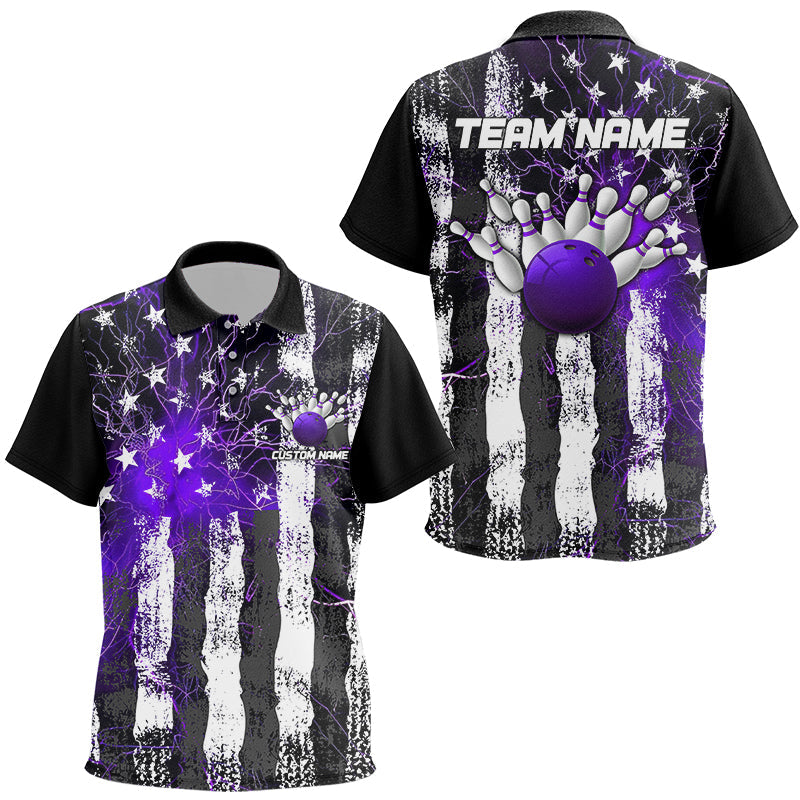 Purple Thunder Lightning American Flag Custom Unisex Bowling Team Shirts, Patriotic Outfit IPHW6492